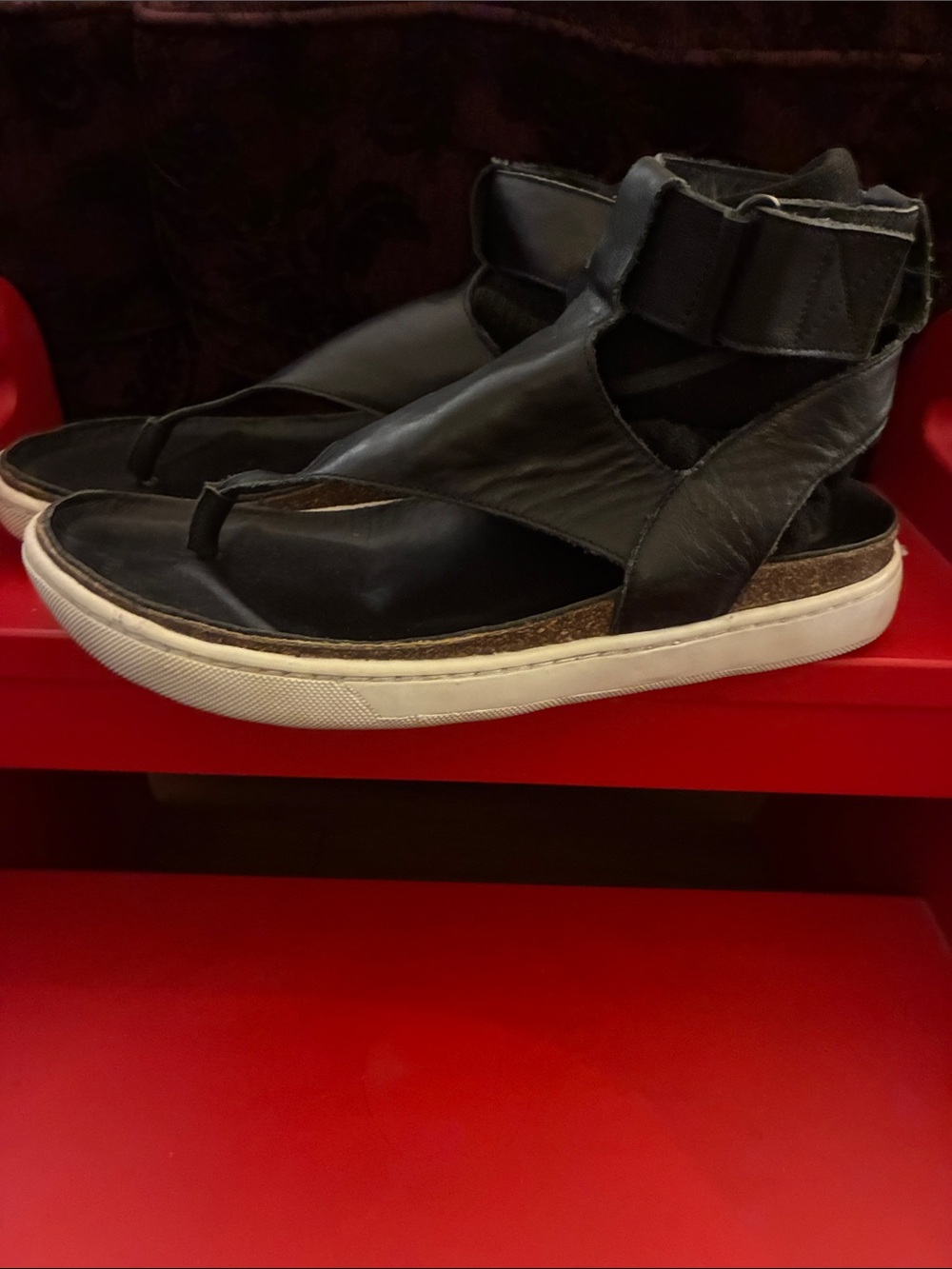 A7EIJE Black Leather Ankle Strap Sandals Size 10
